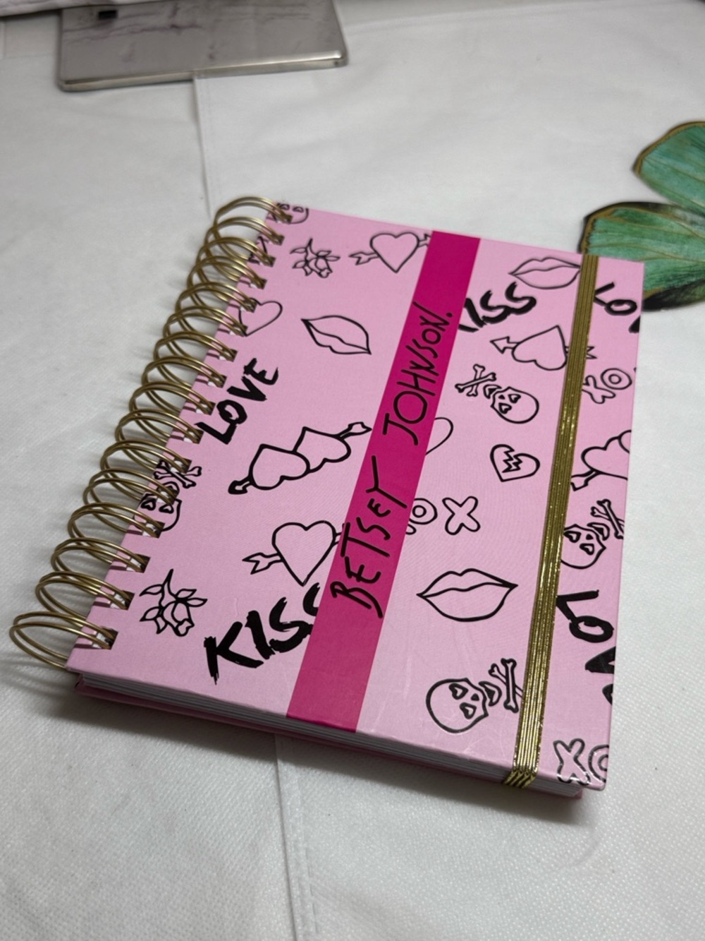 Betsey Johnson Pink Doodle Spiral Notebook with Gold Elastic - Picture 2 of 7